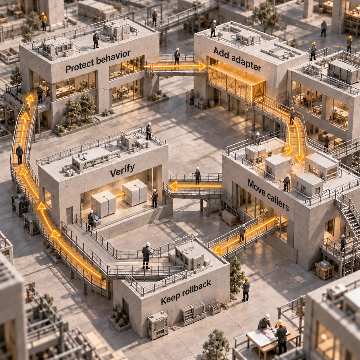 Architectural workflow connects Protect behavior, Add adapter, Move callers and Verify, with a preserved Keep rollback path.
