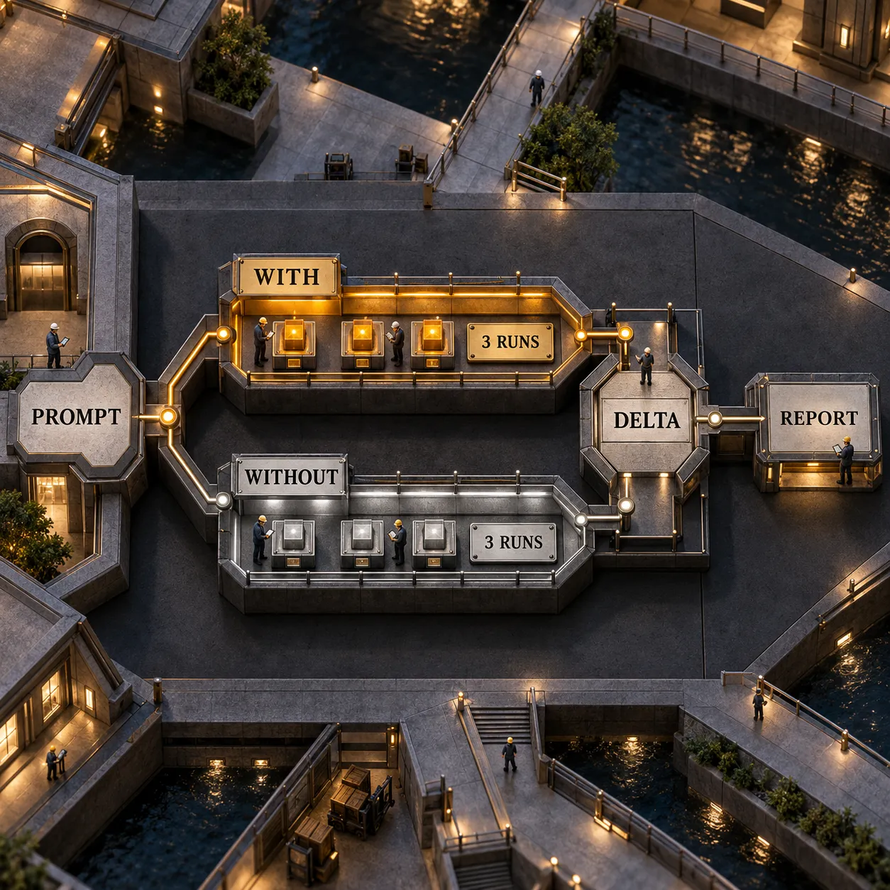 Infographie architecturale montrant un prompt réparti entre trois exécutions avec plugin et trois sans plugin, avant le calcul d’un delta