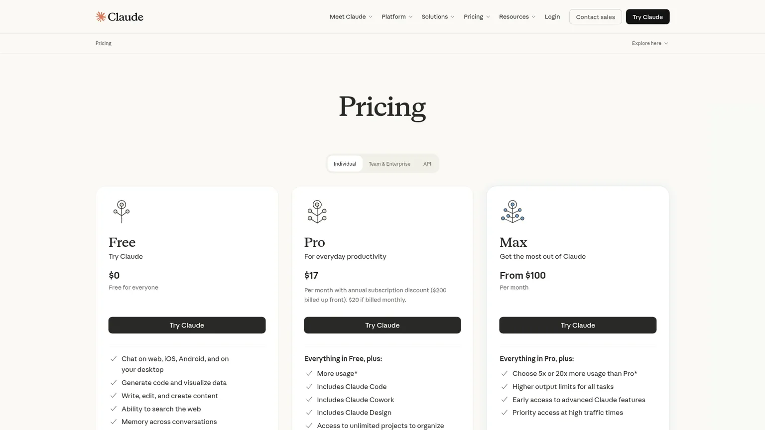 Claude pricing page showing Free, Pro, and Max plan tiers
