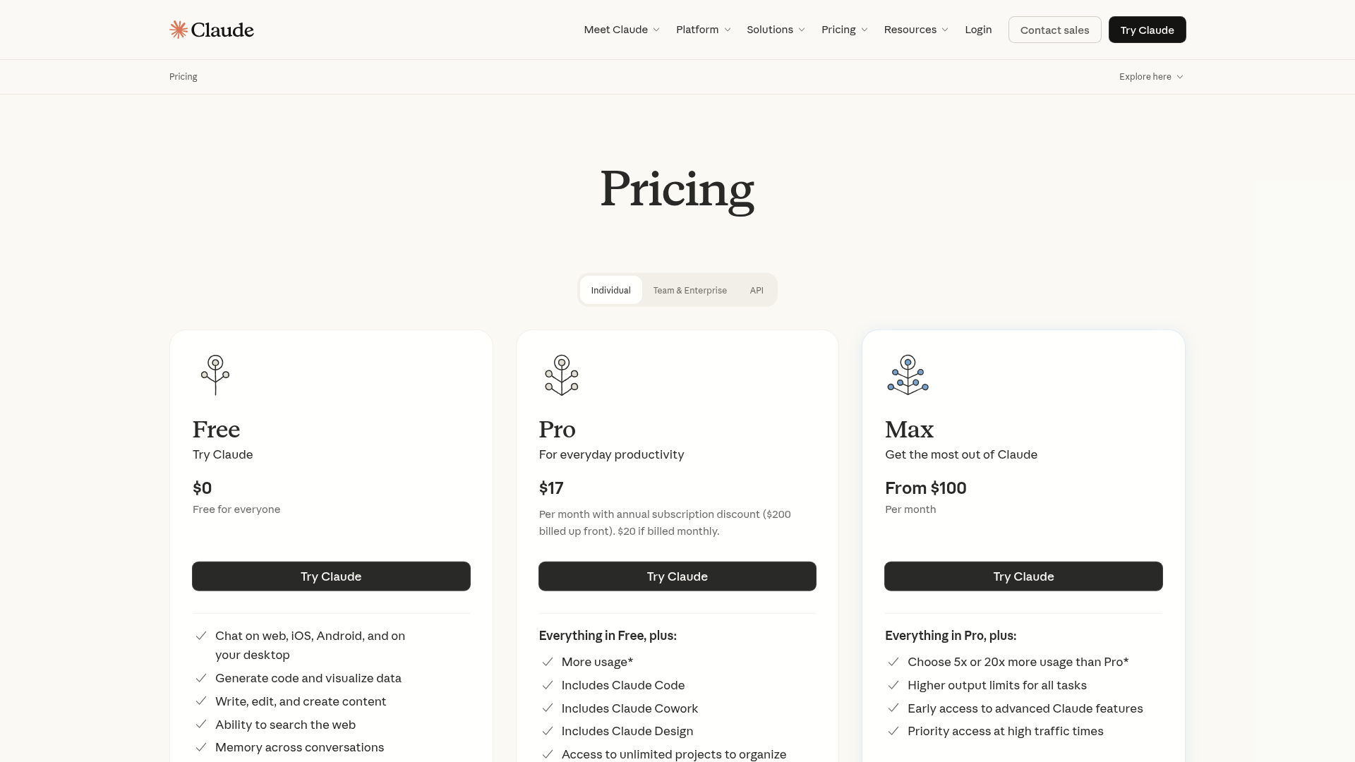 Claude pricing page showing Free, Pro, and Max plan tiers