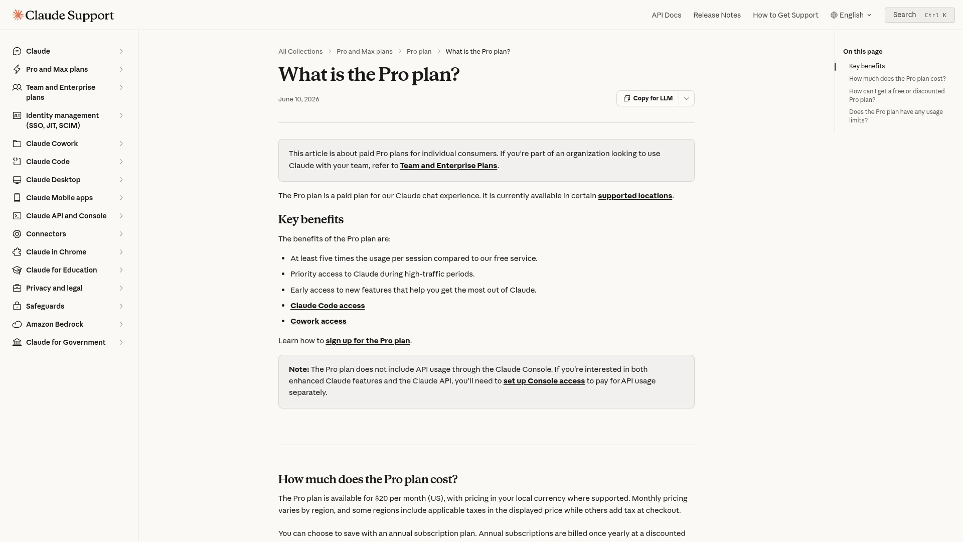 Anthropic Help Center page showing Claude Pro price, Claude Code access, and usage limits