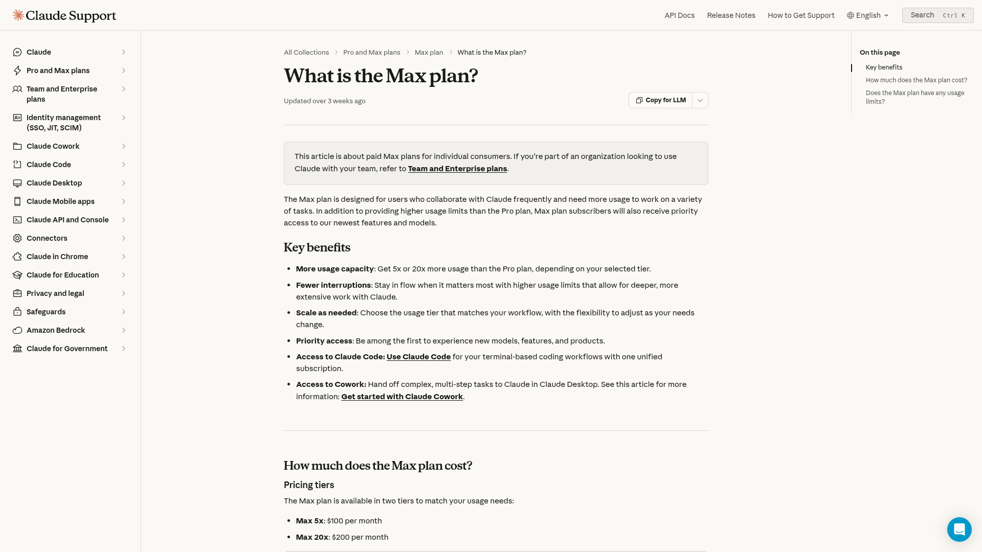 Anthropic Help Center page showing Claude Max 5x and Max 20x prices and usage multipliers
