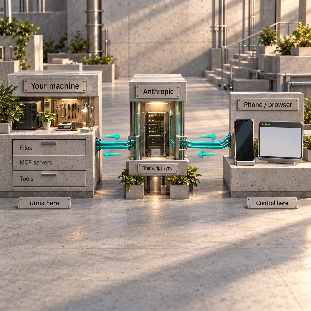 Local files, MCP servers and tools remain in the computer workshop. A bidirectional route passes through Anthropic transcript synchronization to phone and browser controls.