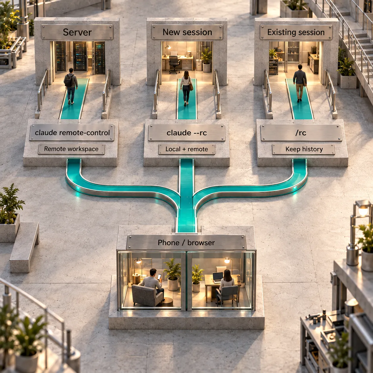 Three alternative architectural paths: server mode, a new interactive session and an existing conversation all lead to phone or browser control.