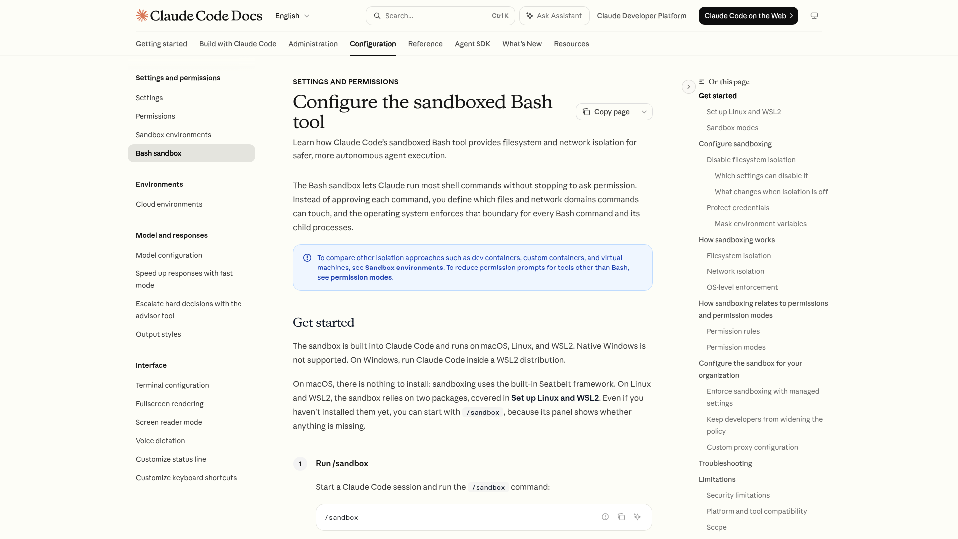 Claude Code sandboxing documentation showing supported platforms, fail behavior, and configuration
