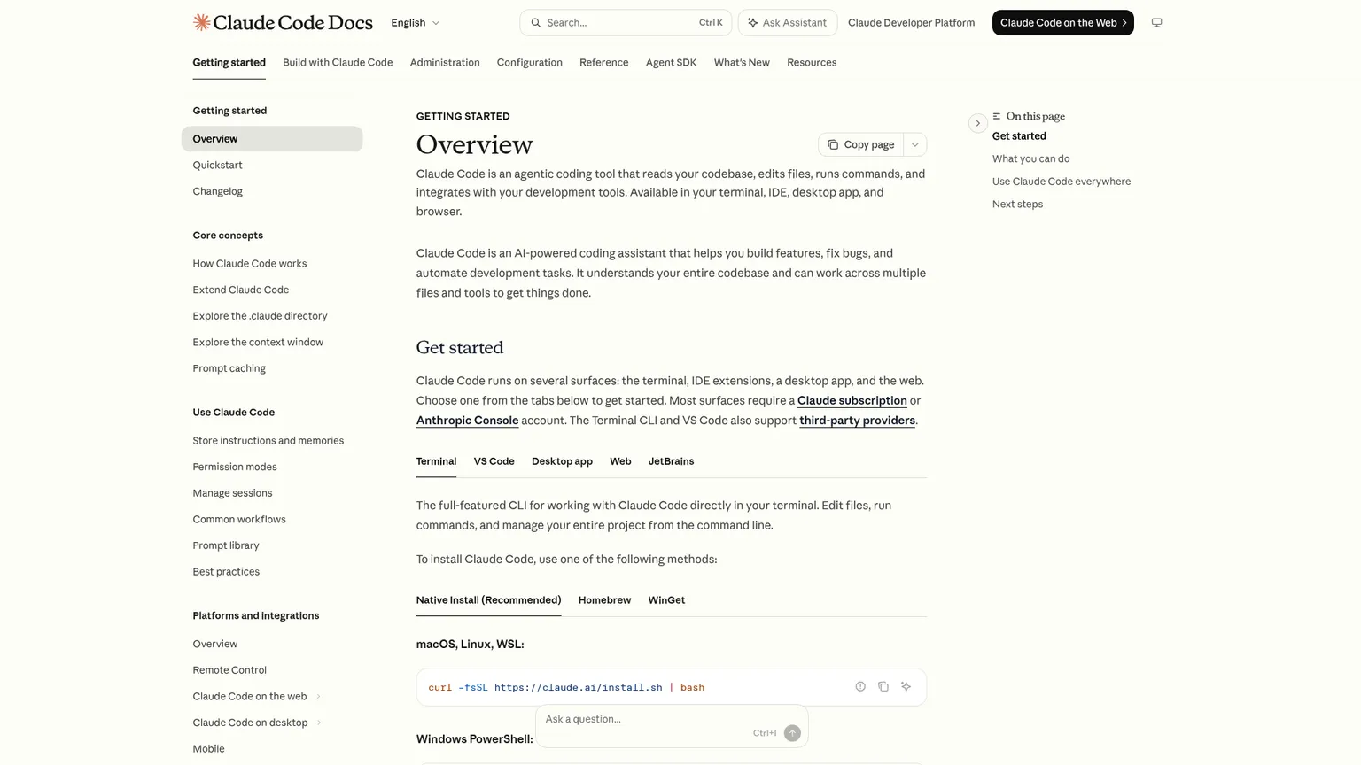 Claude Code documentation overview showing terminal, IDE, desktop, and web access