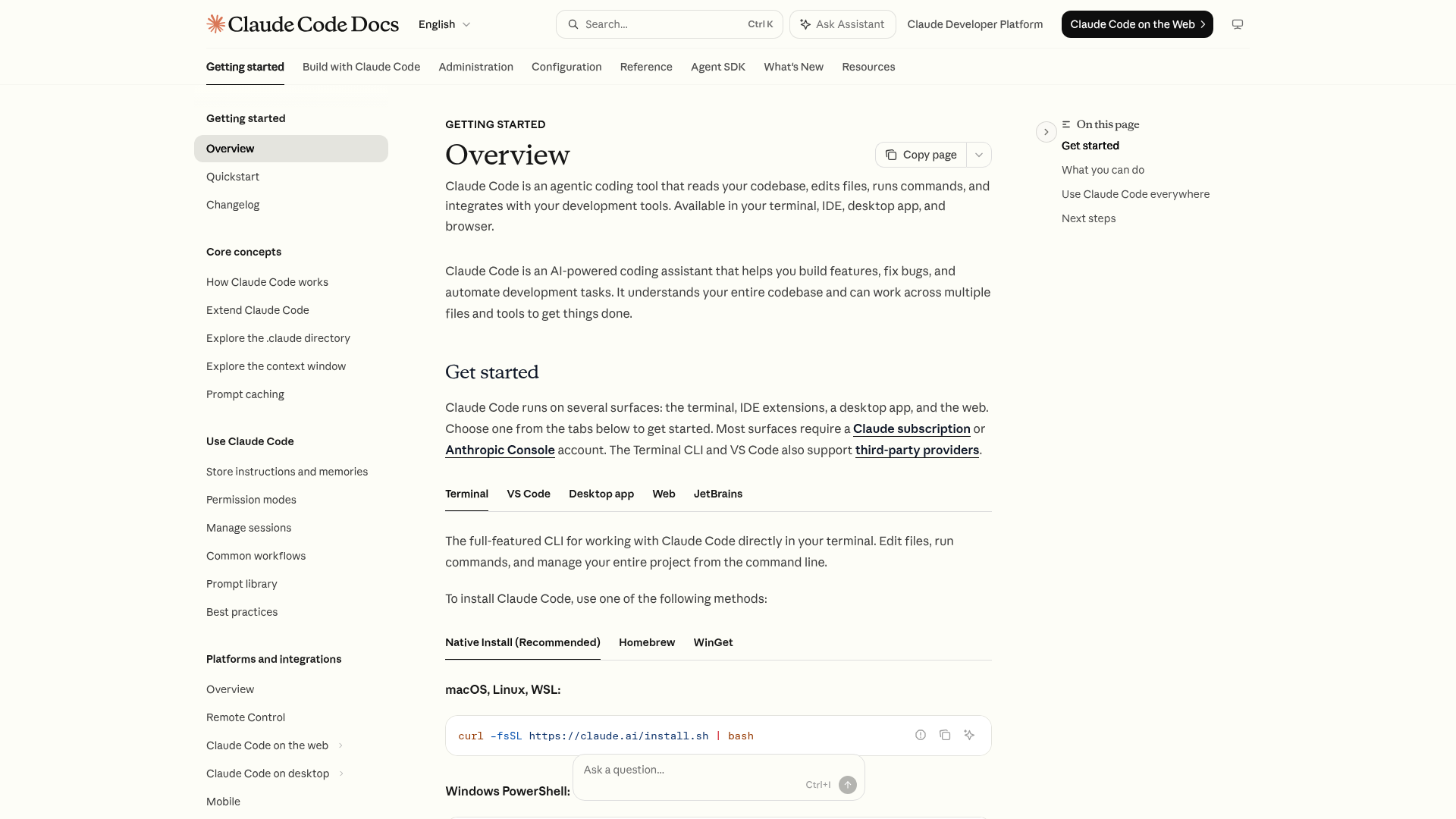 Claude Code documentation overview showing terminal, IDE, desktop, and web access