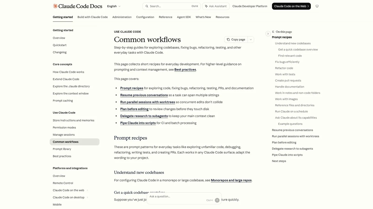 Claude Code common workflows documentation for debugging, refactoring, testing, and pull requests