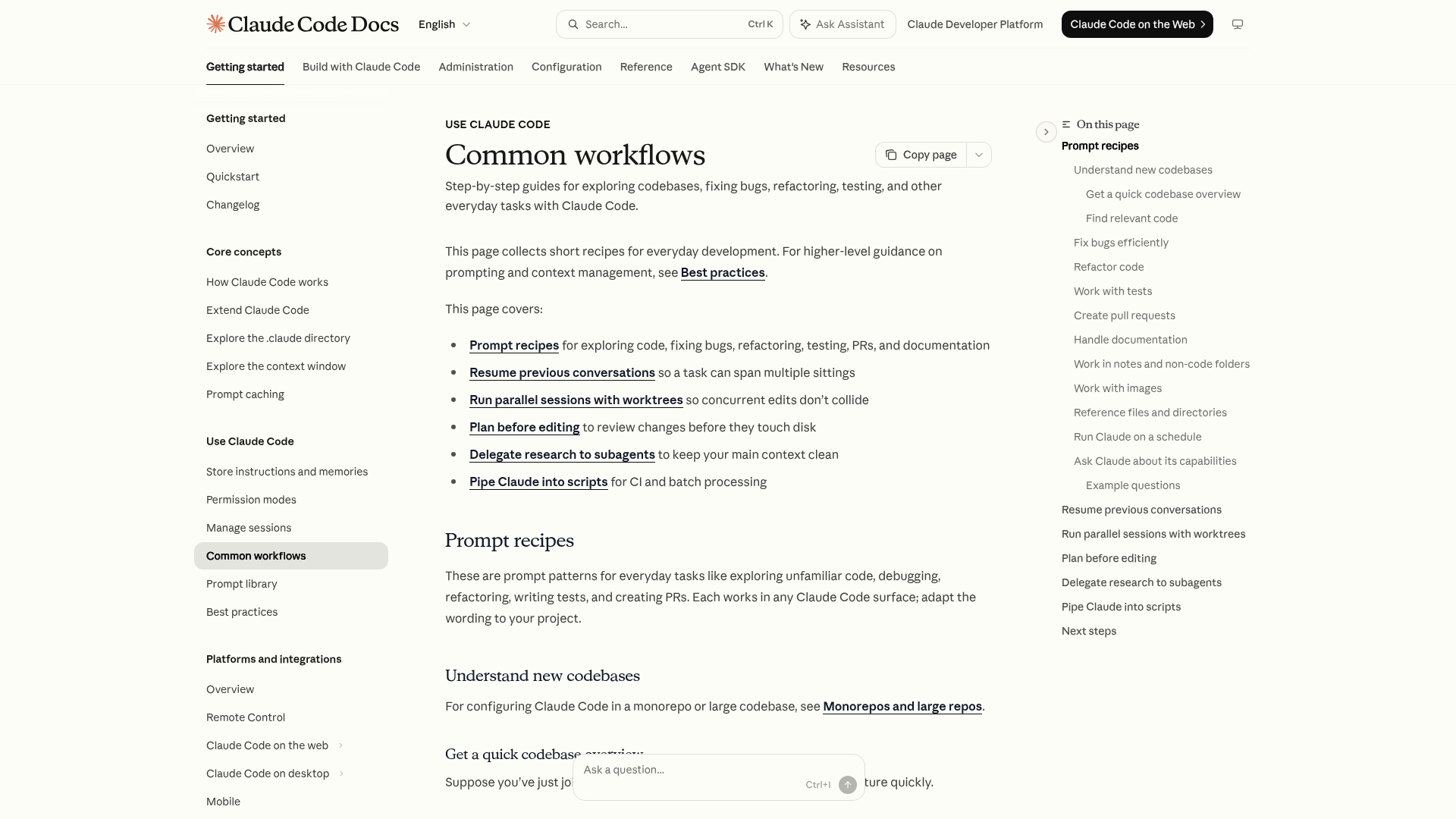 Claude Code common workflows documentation for debugging, refactoring, testing, and pull requests