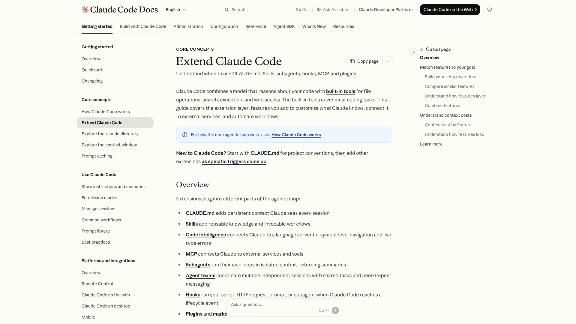 Claude Code extension overview for CLAUDE.md, skills, MCP, hooks, subagents, and agent teams
