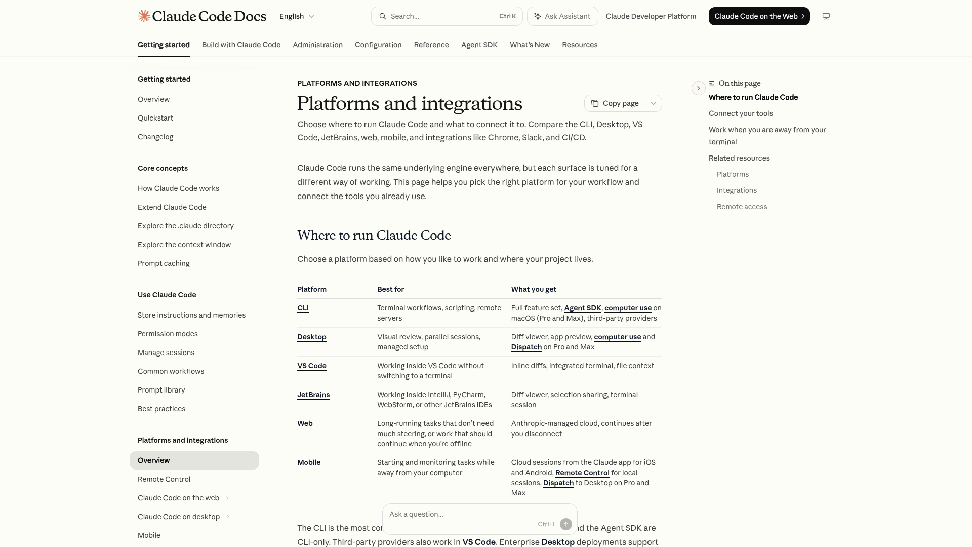 Claude Code platforms documentation comparing CLI, desktop, VS Code, JetBrains, web, and mobile