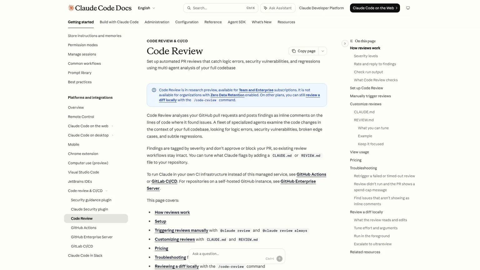 Claude Code Review documentation showing managed GitHub review setup, triggers, pricing, and local review