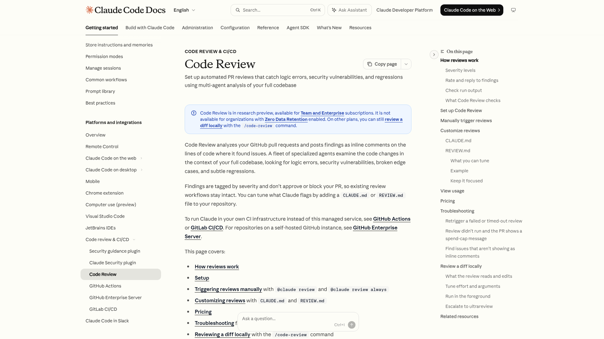 Claude Code Review documentation showing managed GitHub review setup, triggers, pricing, and local review