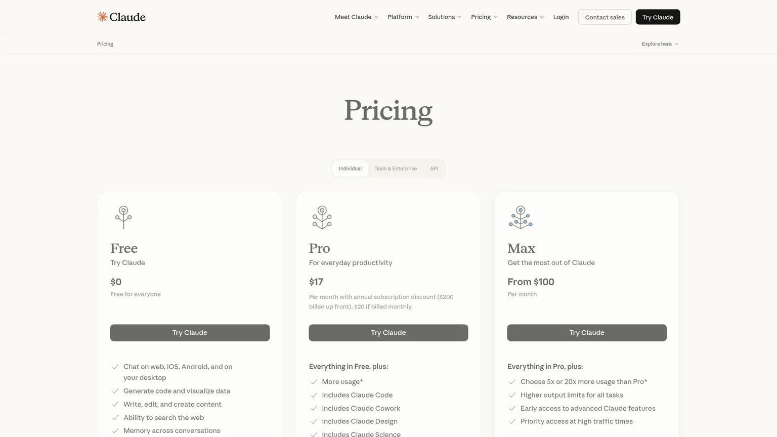 Claude pricing page with Free, Pro, Max, Team, Enterprise, and API rates