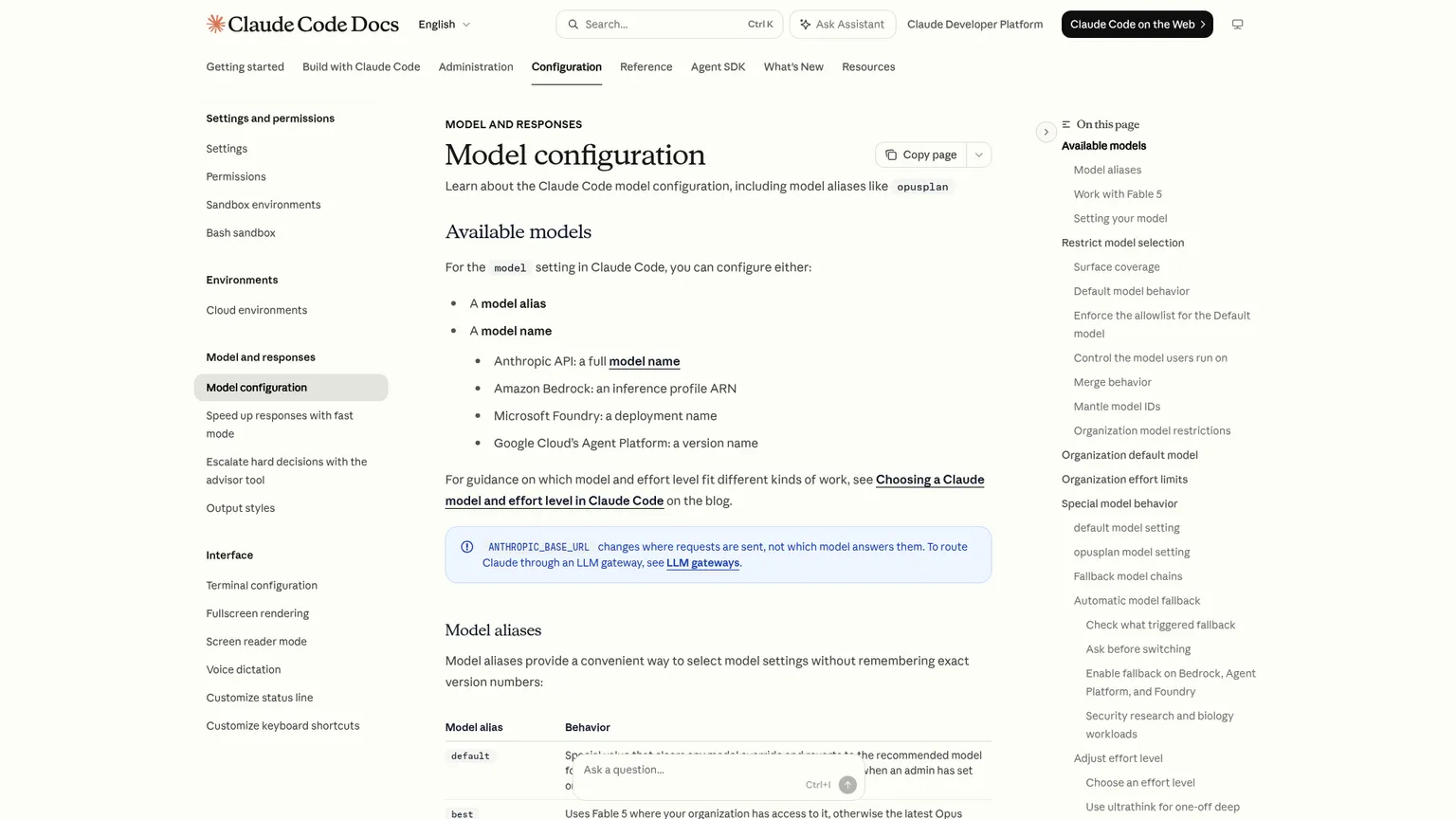 Claude Code model configuration documentation showing model families and provider mappings