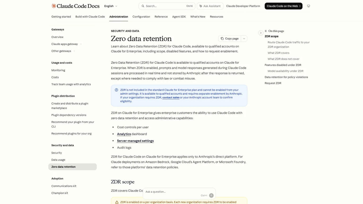 Claude Code Zero Data Retention documentation showing eligibility and disabled features