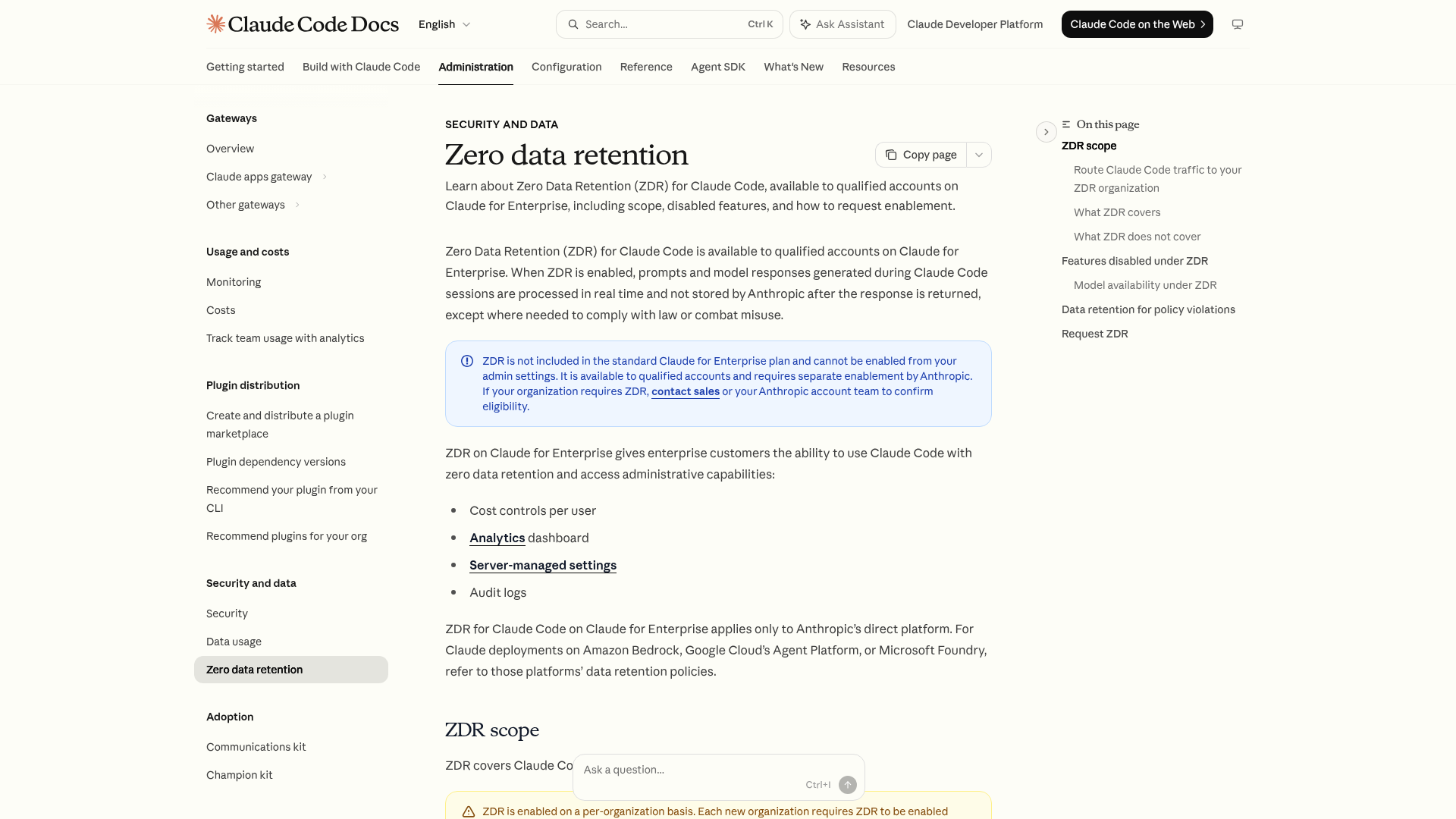 Claude Code Zero Data Retention documentation showing eligibility and disabled features