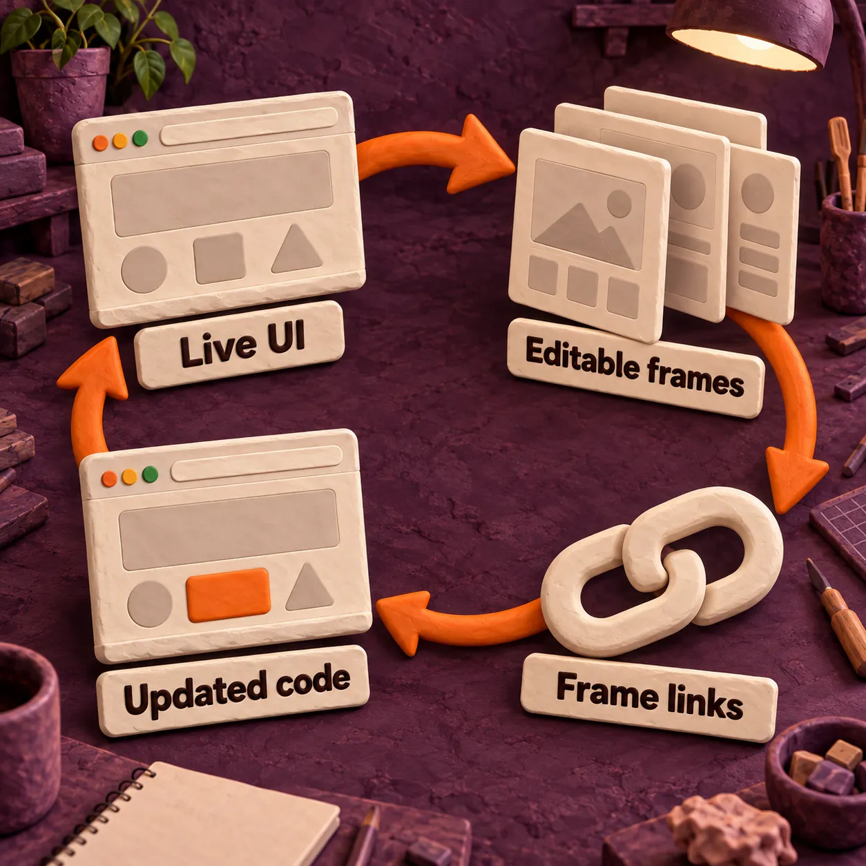 Clay diagram connecting live UI, editable frames, frame links, and updated code in a clockwise loop.