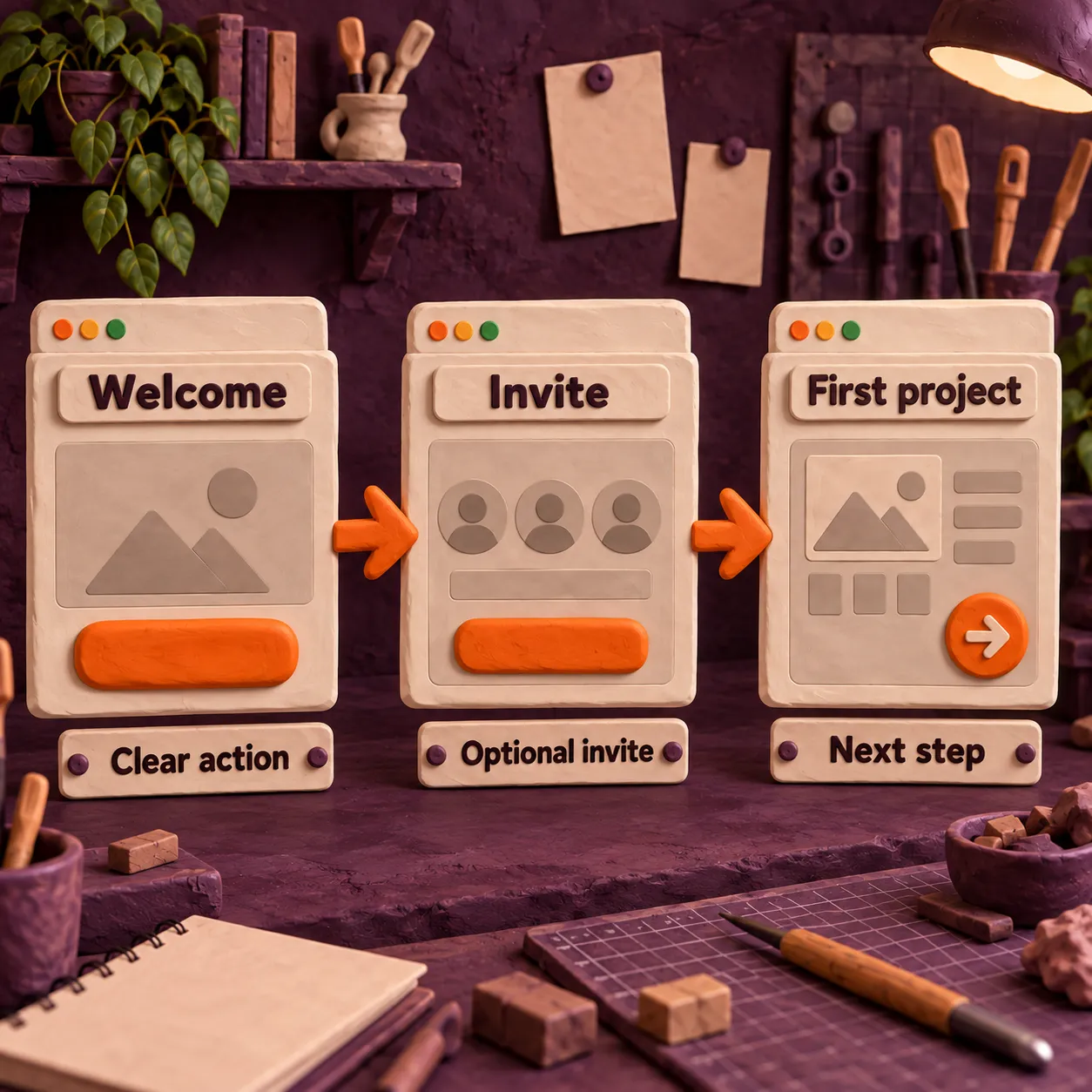 Three sculpted onboarding frames labeled Welcome, Invite, and First project, with proposed improvements Clear action, Optional invite, and Next step.
