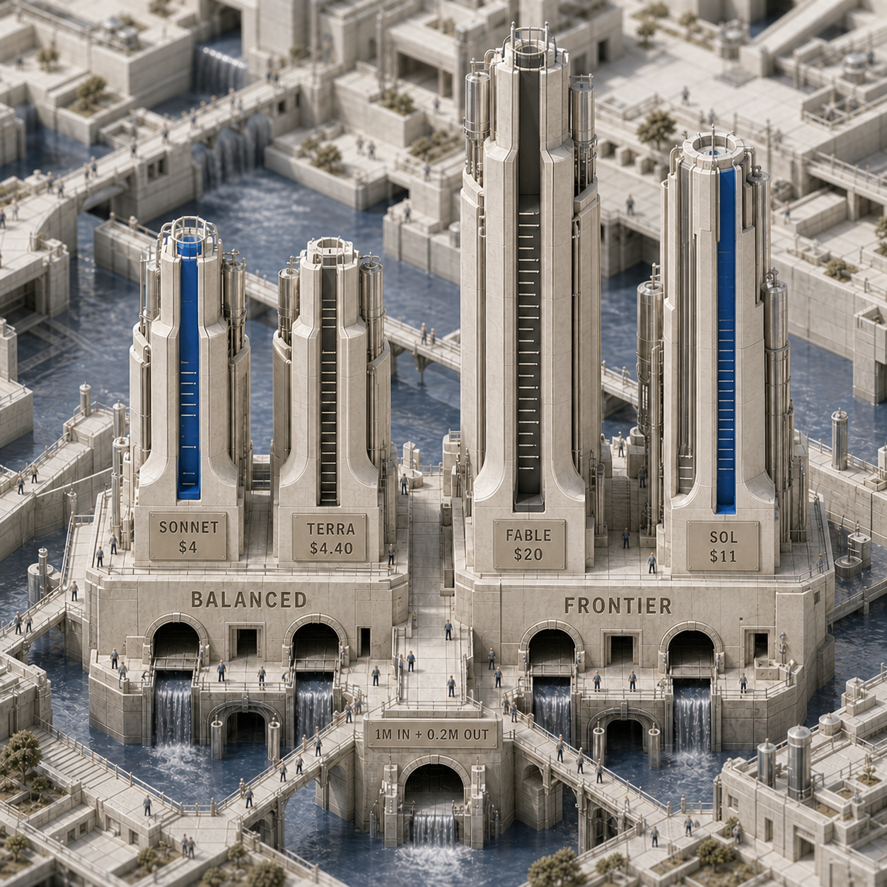 Architectural towers comparing normalized Sonnet, Terra, Fable, and Sol workload costs