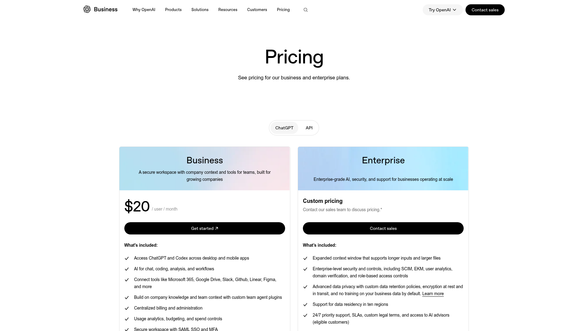 ChatGPT Business pricing page showing the seat that includes Codex