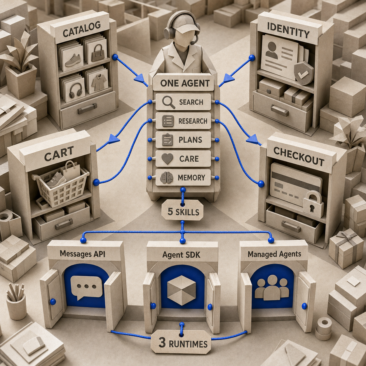 Paper craft diagram showing one shopping agent connected to catalog, identity, cart, and checkout systems with three runtime paths