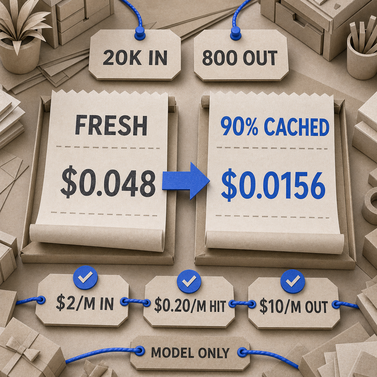 Paper craft cost comparison between a fresh Claude Sonnet 5 turn and a turn with 90 percent of input cached