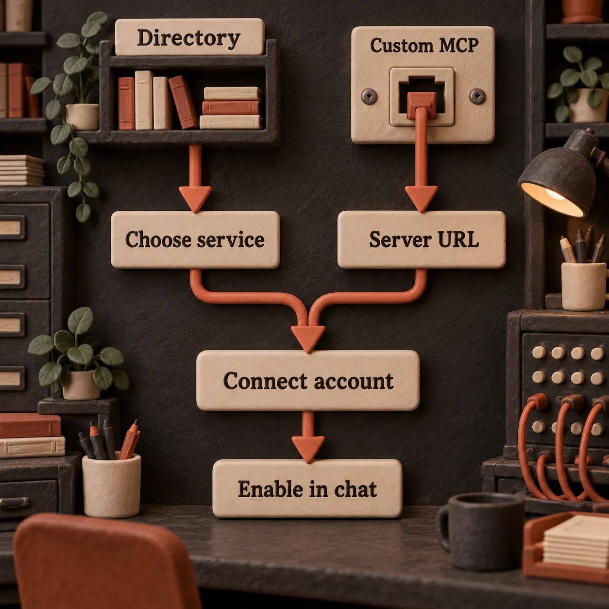 Directory and custom MCP paths converge on connecting an account and enabling the connector in a chat
