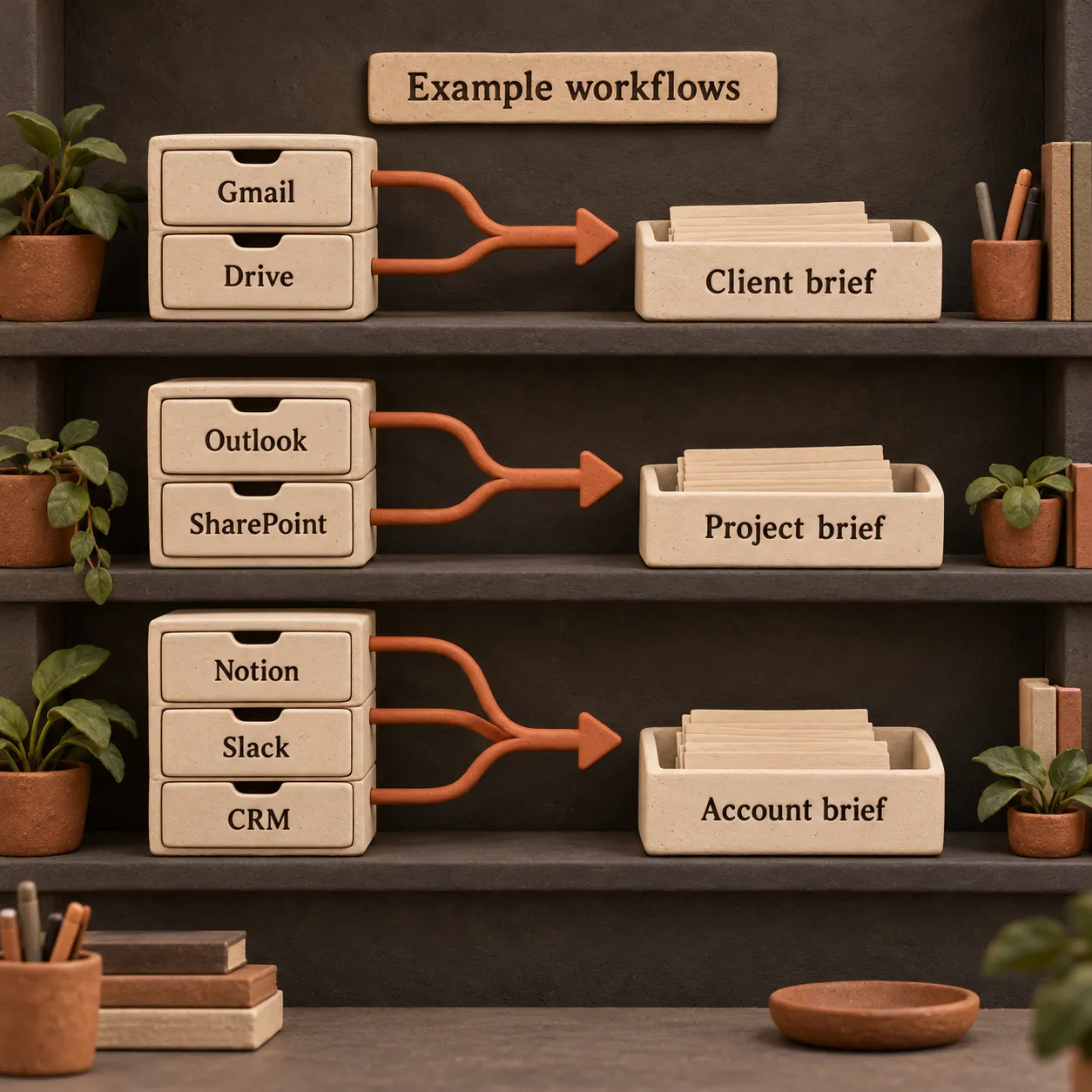 Three example workflows combine Gmail and Drive into a client brief, Outlook and SharePoint into a project brief, and Notion, Slack and CRM into an account brief