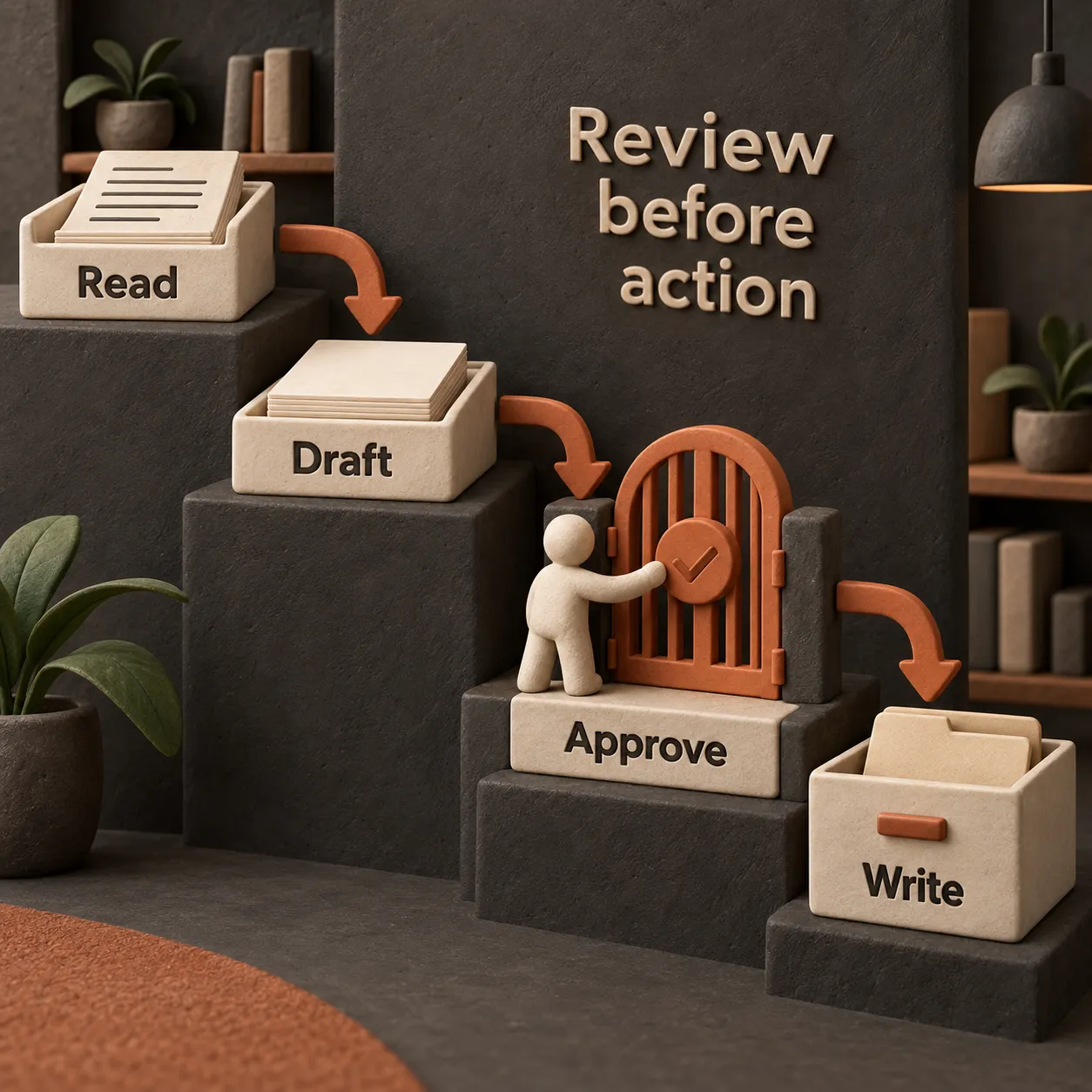 A recommended workflow moves through Read, Draft, a human-operated Approve gate, then Write