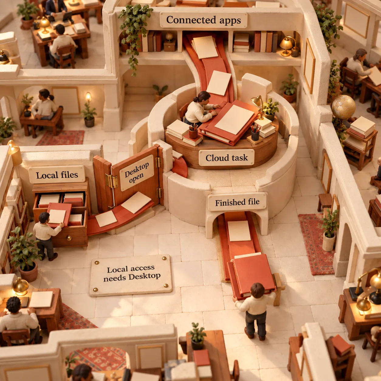 Clay newsroom architecture shows connected apps feeding a cloud task directly, while local files pass through a Desktop open doorway