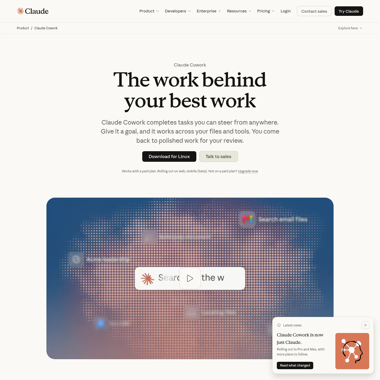 Anthropic's Claude Cowork product page showing delegated knowledge-work tasks
