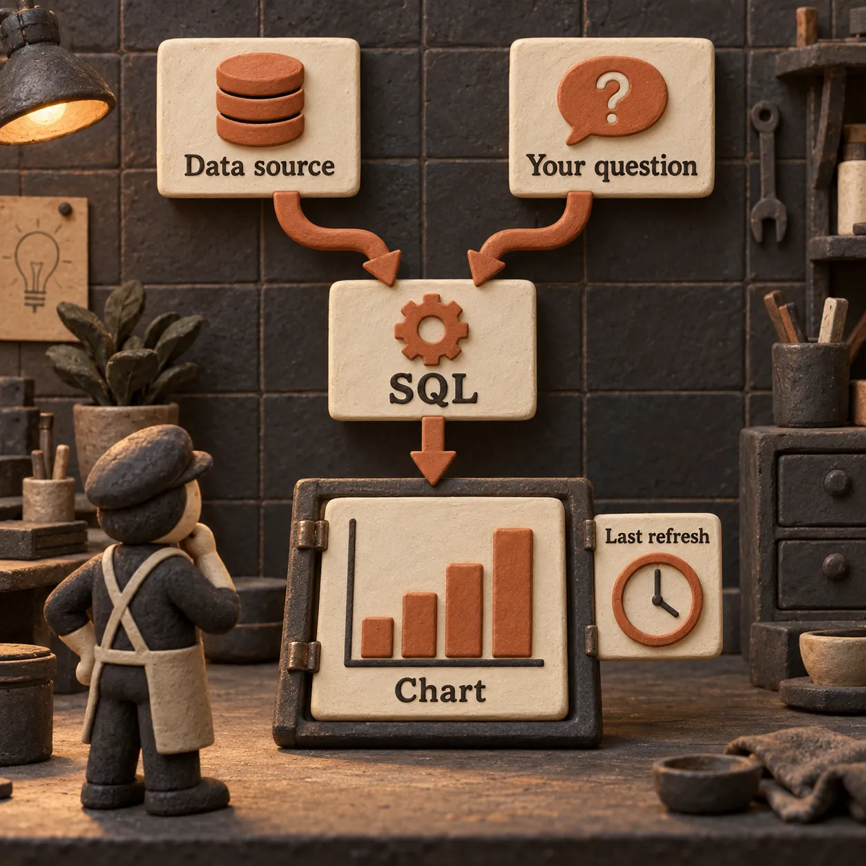 粘土のプレートで、データソースと質問からSQLを経て、最終更新を示す表示付きのグラフができる流れを表しています。