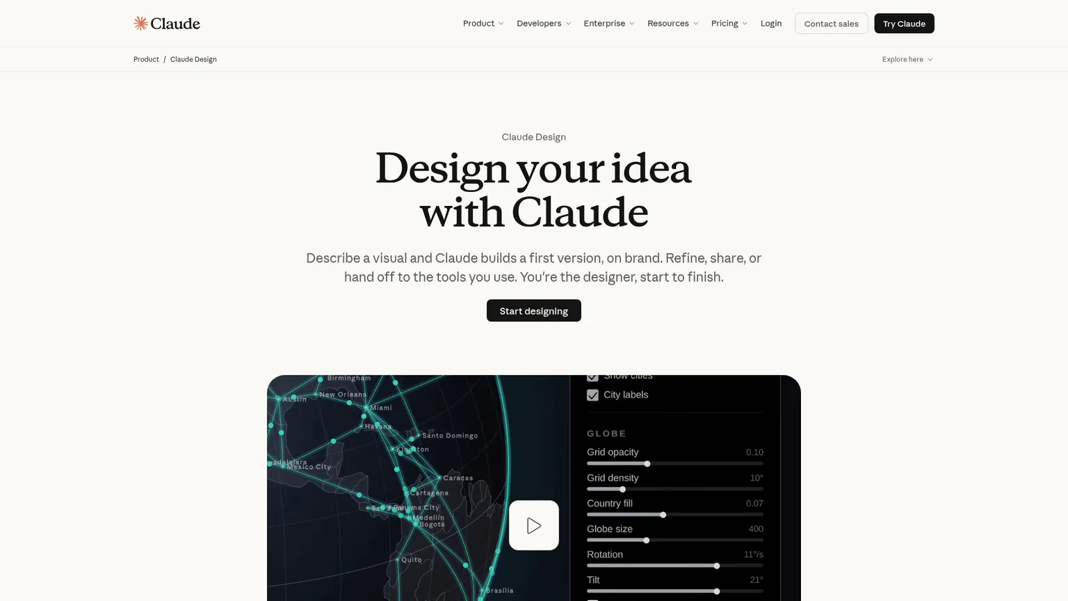 La pagina prodotto di Claude Design di Anthropic con esempi di elaborati visivi e del flusso di modifica