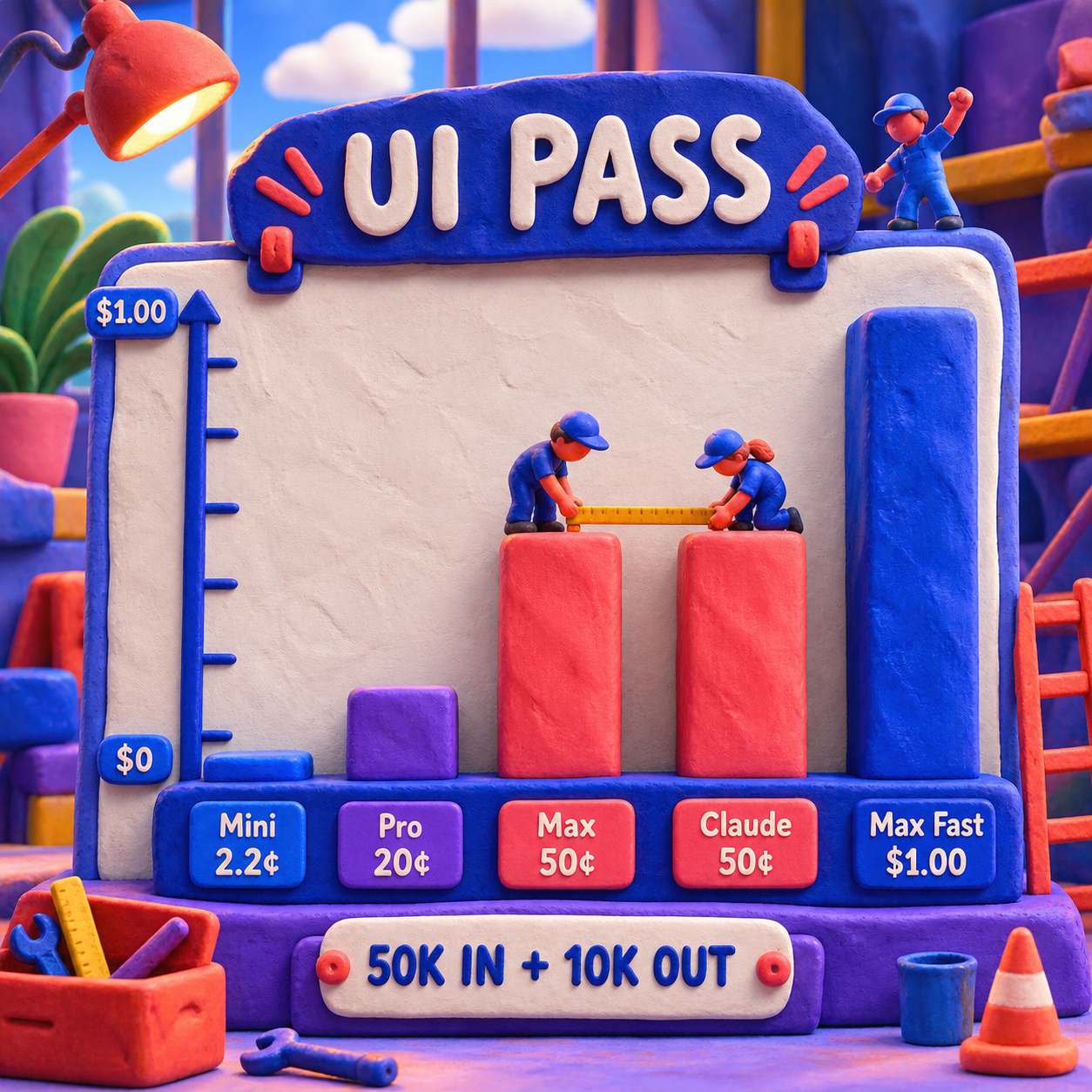 Bar chart comparing the computed cost of a 50,000-input and 10,000-output token UI pass