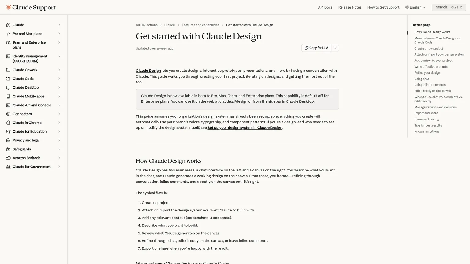 La guida ufficiale di Claude Design mostra il workflow del canvas conversazionale