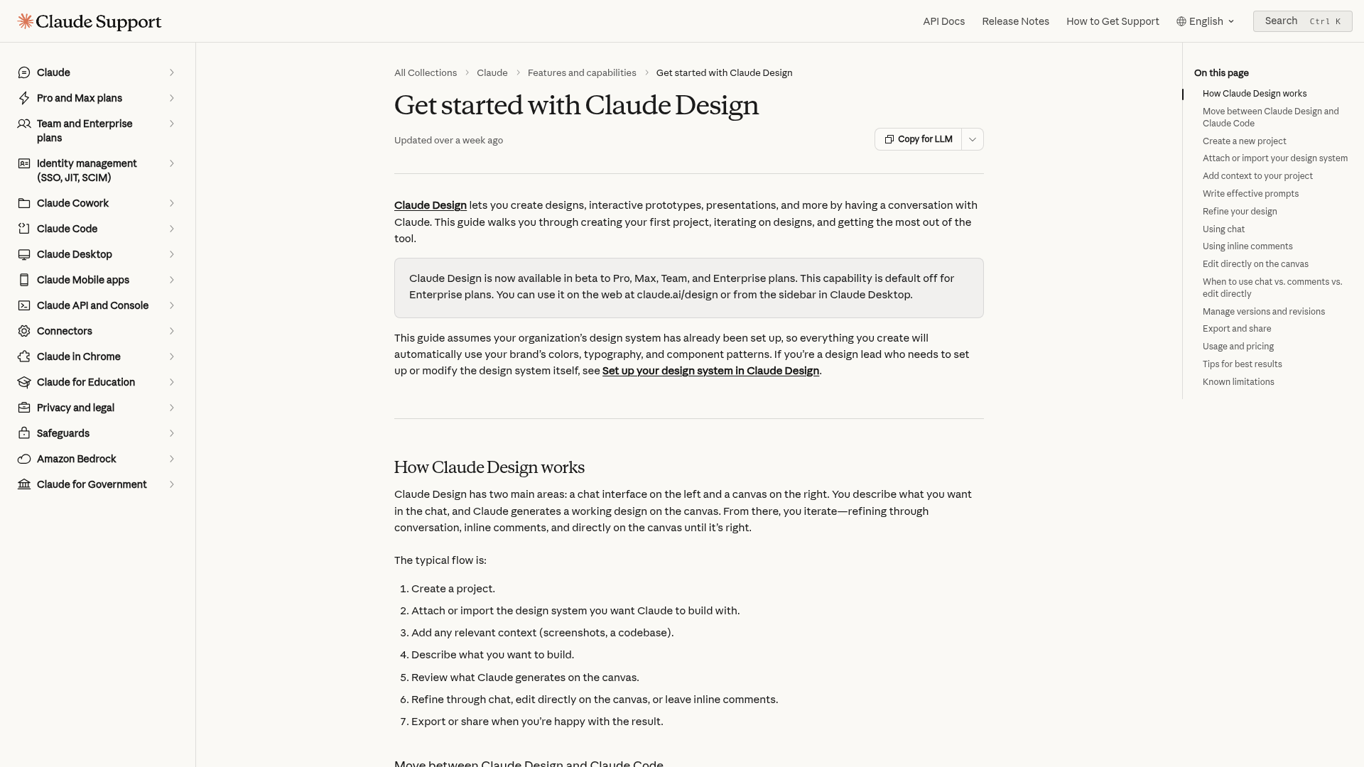 Official Claude Design help page showing the conversational canvas workflow