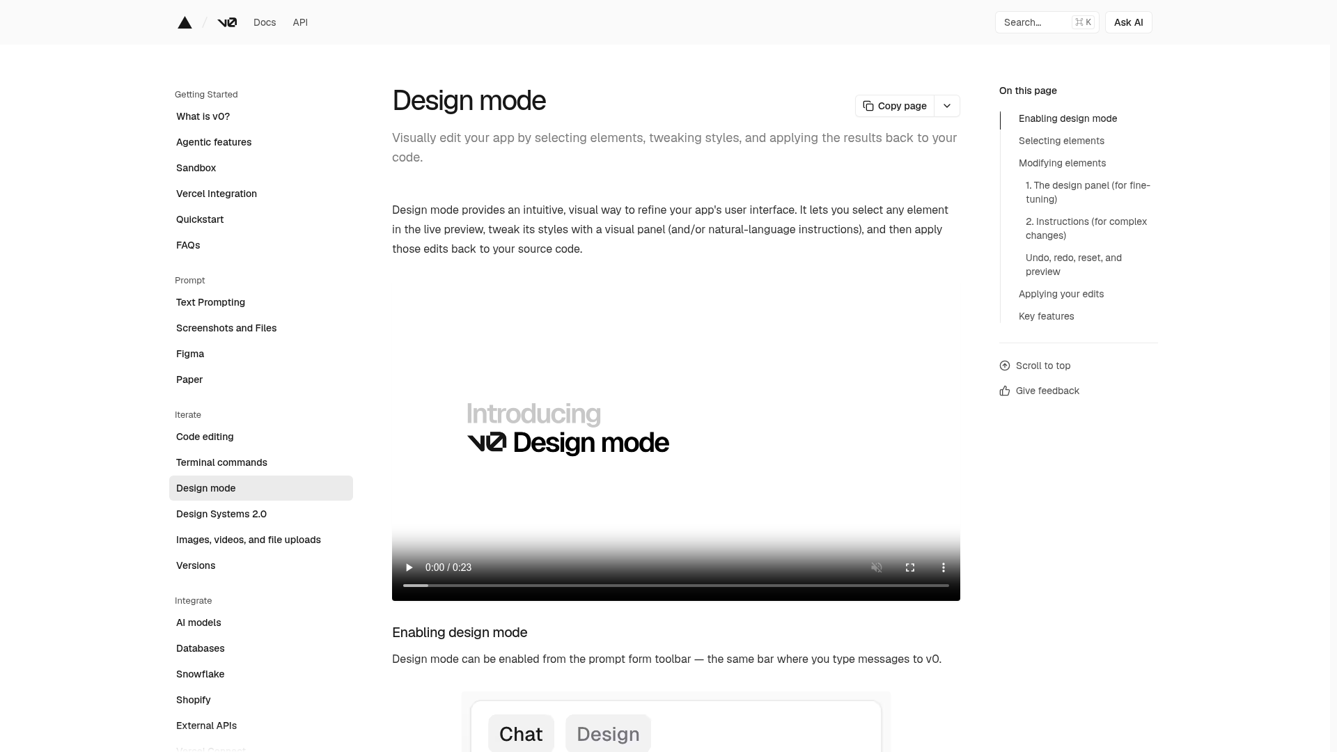Official v0 Design Mode documentation showing visual edits applied to source code