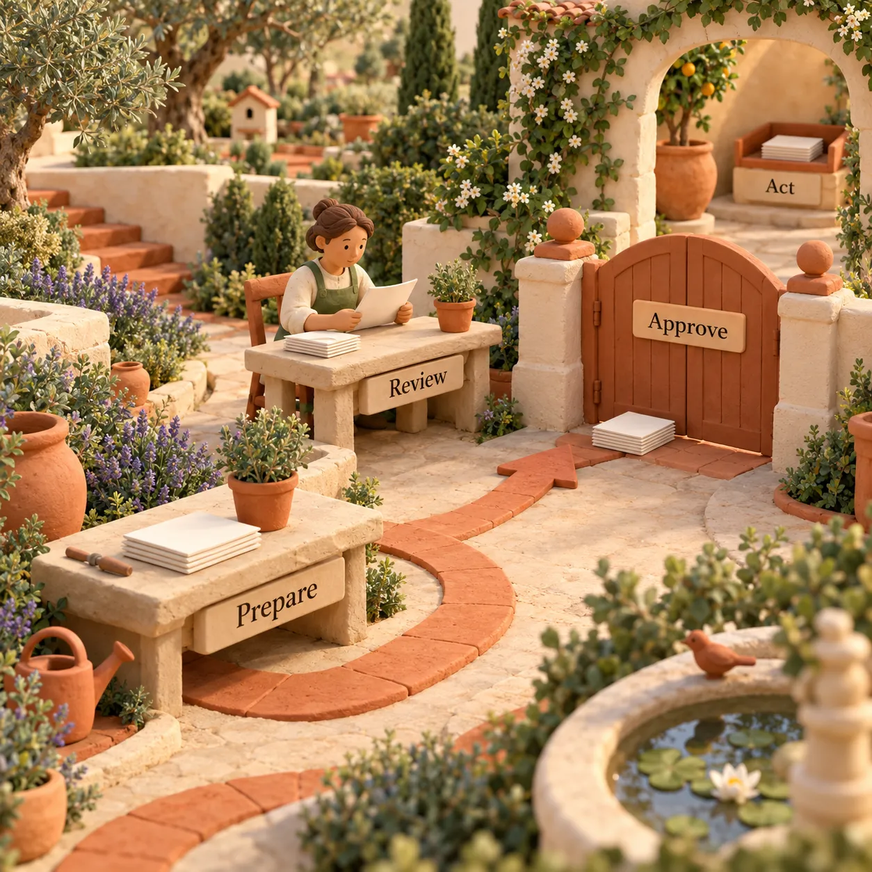 Clay garden path showing prepared work reaching human review and a closed approval gate before action