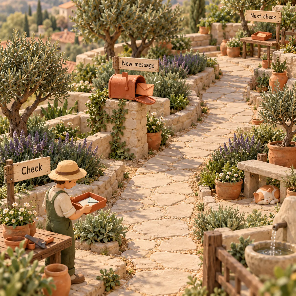 Clay garden timeline showing a message arriving after one check and waiting until the next check