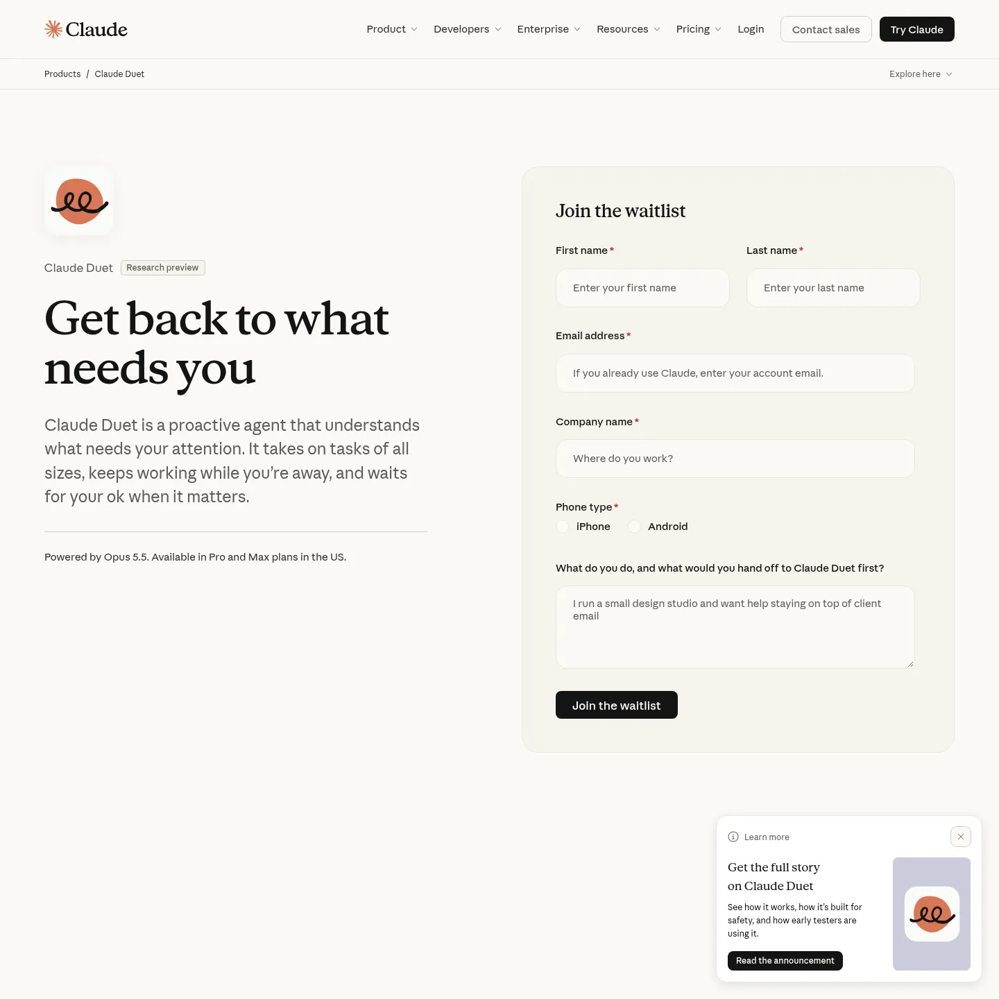 Anthropic's Claude Duet product page showing its morning brief and business task examples