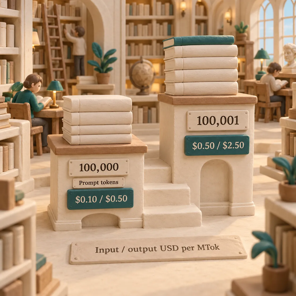 A clay library shelf steps upward between prompts of 100,000 and 100,001 tokens, with input and output rates rising from $0.10/$0.50 to $0.50/$2.50 per million tokens