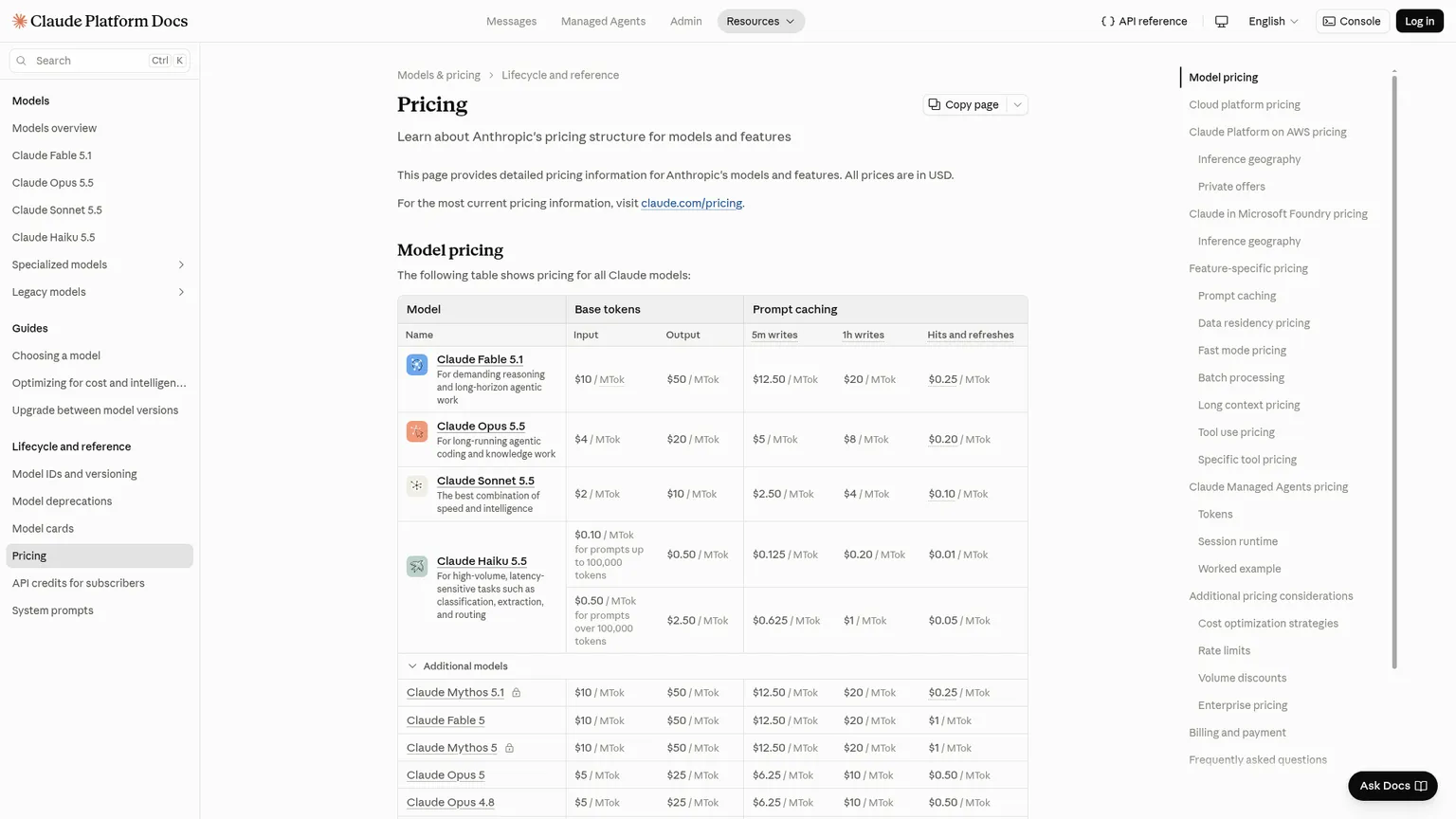 Anthropic's official API pricing documentation showing model token rates and prompt caching prices