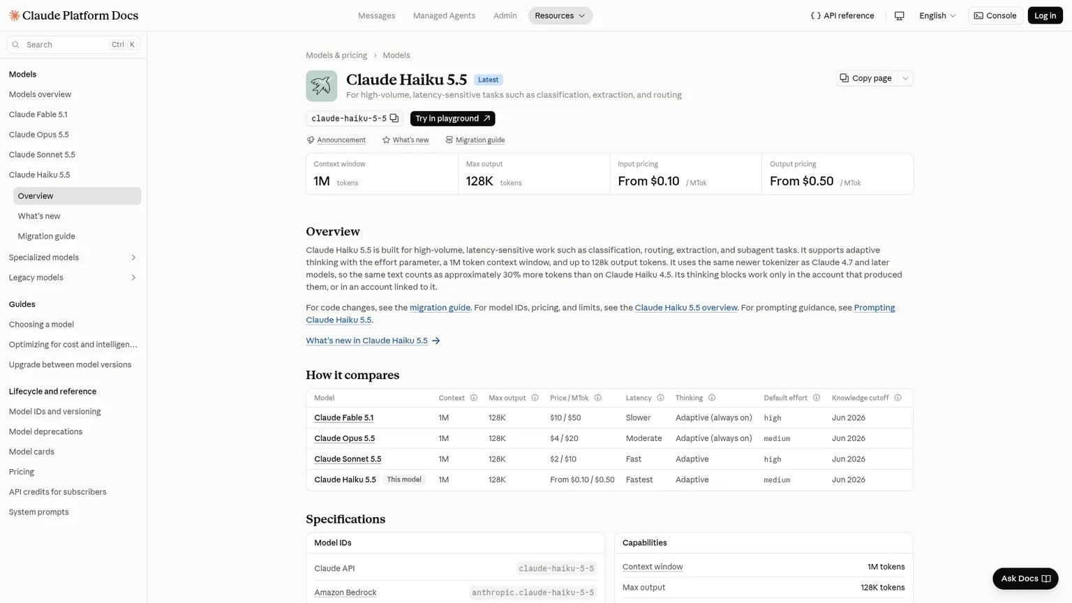 Pagina ufficiale di Anthropic dedicata al modello Claude Haiku 5.5