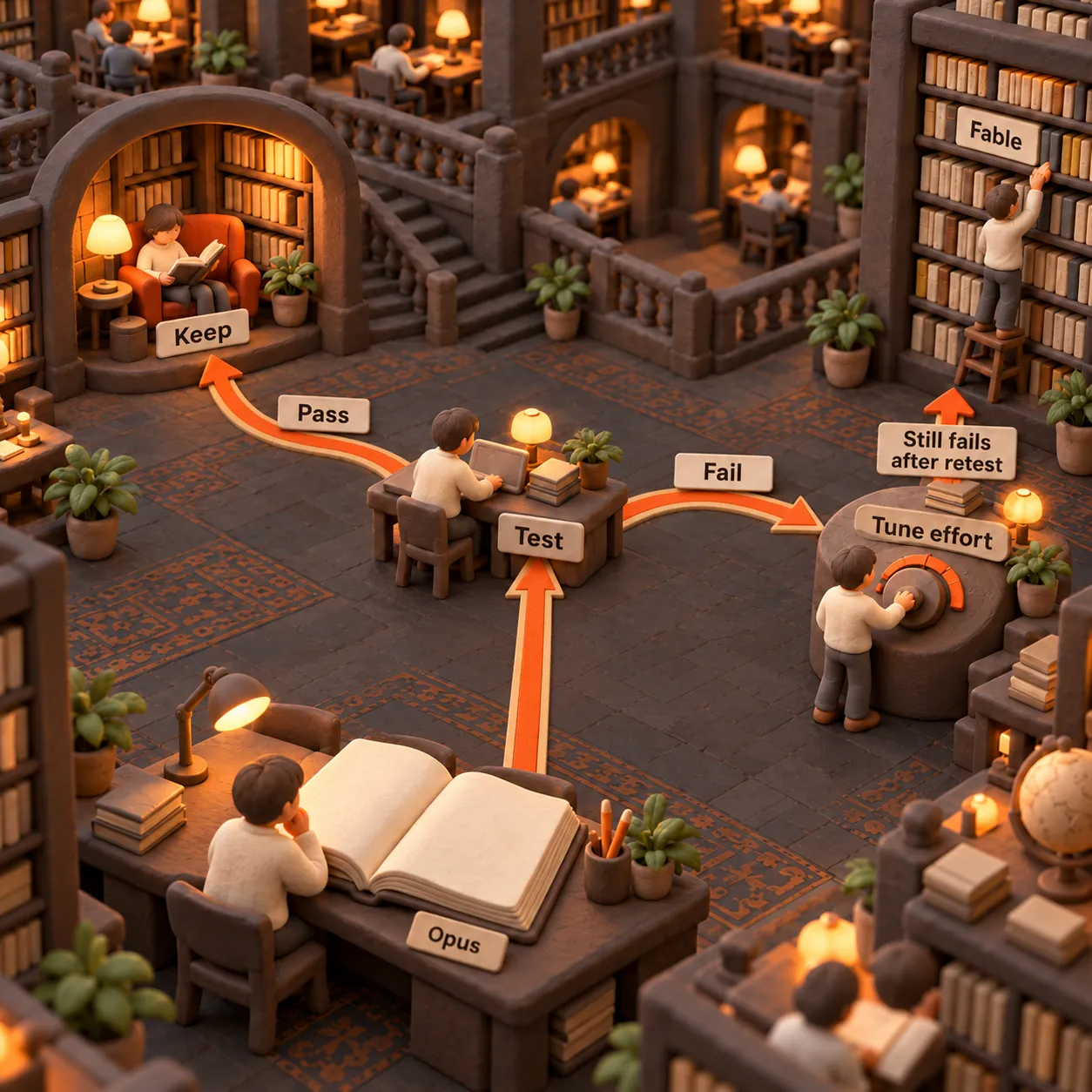 Clay library decision path from Opus to testing, keeping a passing result, or tuning effort before escalating to Fable after another failed evaluation