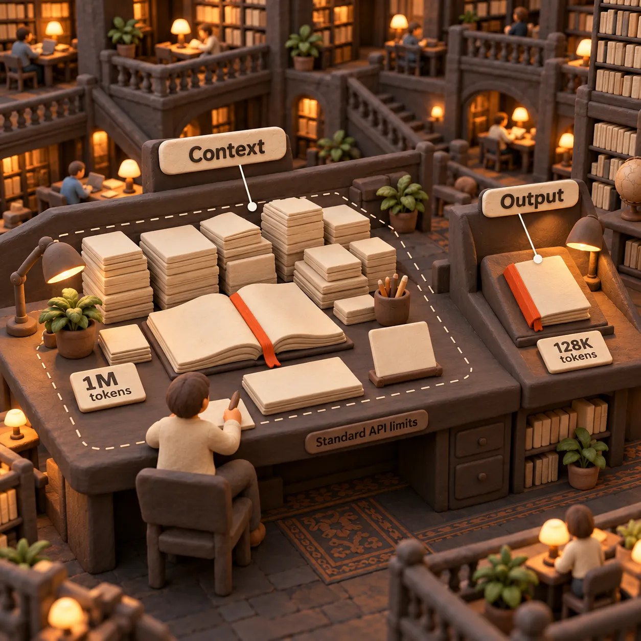 A clay library desk labeled Context with 1M tokens beside a finished book labeled Output with 128K tokens