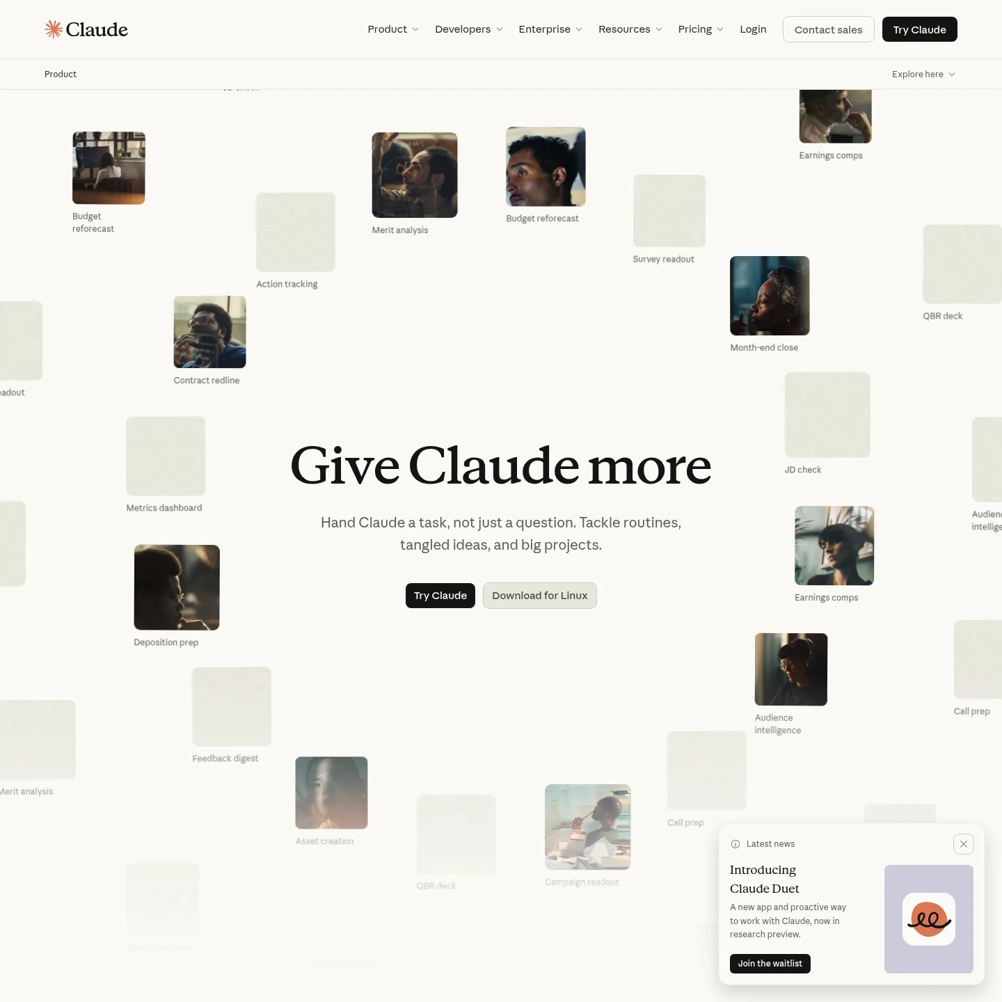 Claude's official product page showing the app experience