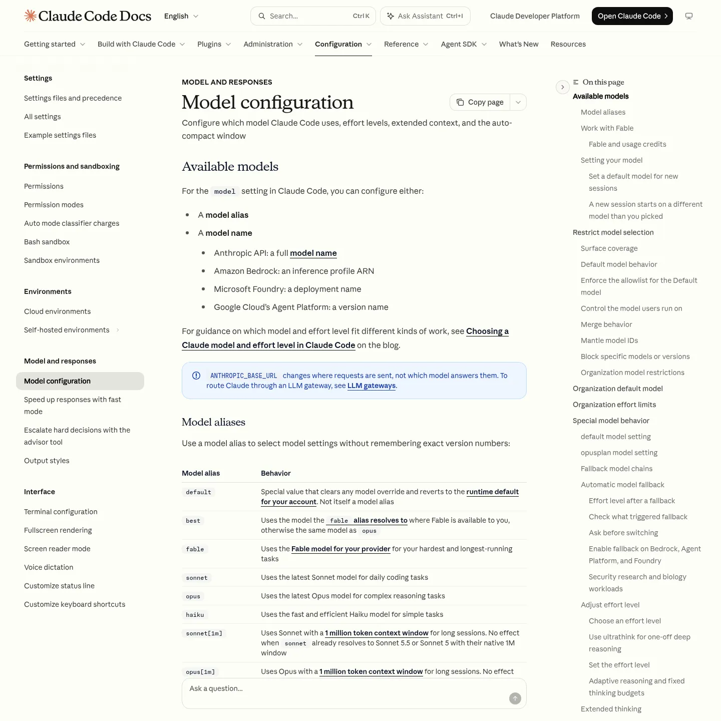 Anthropic's Claude Code model configuration documentation