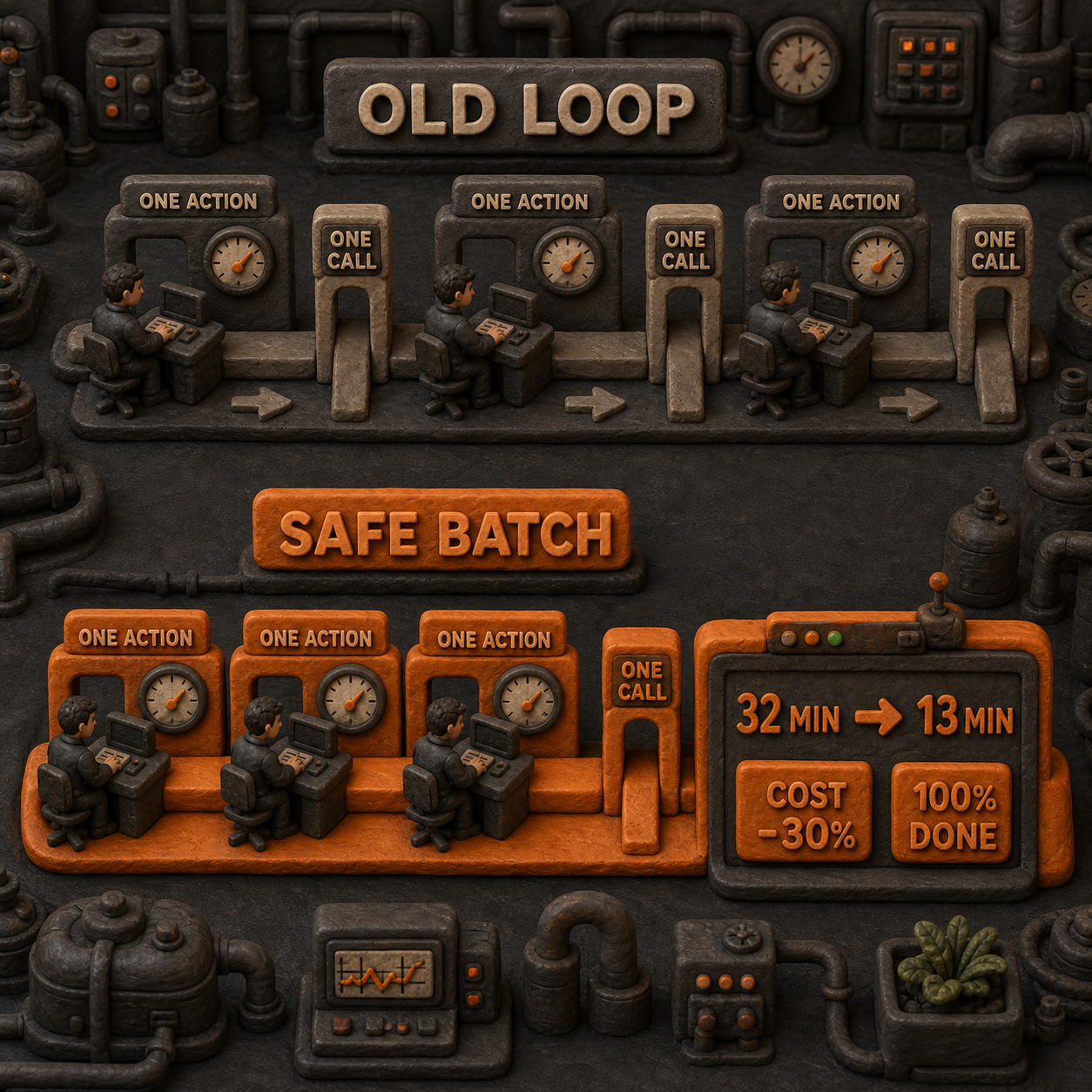 Clay infographic comparing a one-action computer-use loop with a safe multi-action batch and showing the reported time, cost, and completion result