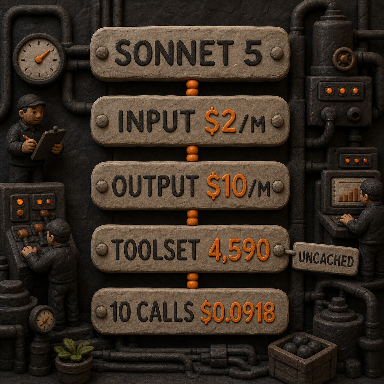 Clay cost-stack infographic showing Sonnet 5 input and output rates, the computer toolset token overhead, and the ten-call savings example